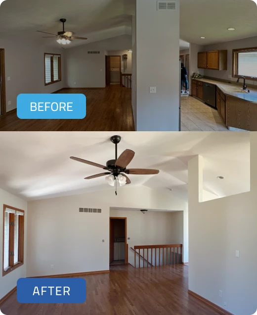 Before and after transformation of a living room by Trusted Painters, showcasing a bright, freshly painted space with modern ceiling fan and clean walls.