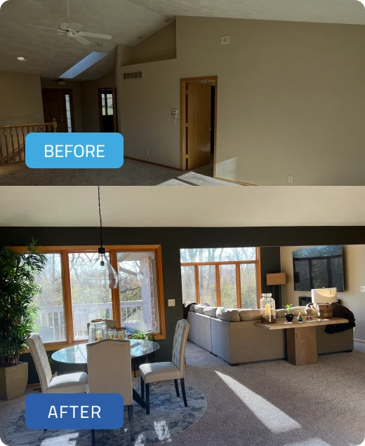 Before and after transformation of a living space, showcasing a modern dining area with a round rug, dining table, and stylish decor, highlighting Trusted Painters' professional painting services in Rockford, IL.