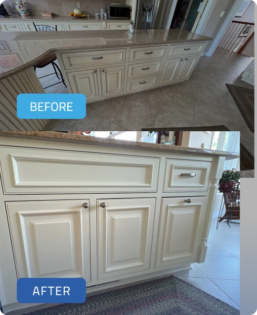 Before and after images of a kitchen cabinet transformation, showcasing updated cabinetry with fresh paint and modern hardware, emphasizing Trusted Painters' quality home improvement services.