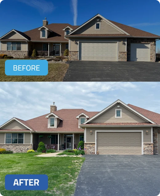 Before and after home exterior transformation by Trusted Painters LLC, showcasing enhanced curb appeal with fresh paint and landscaping improvements in Rockford, IL.