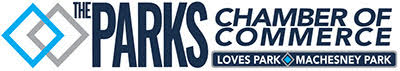 Chamber of Commerce logo for The Parks, representing Loves Park and Machesney Park, featuring geometric shapes and bold typography.