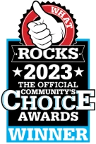 2023 What Rocks Community Choice Awards Winner badge for Trusted Painters LLC, featuring a thumbs-up graphic and award details highlighting excellence in painting services.