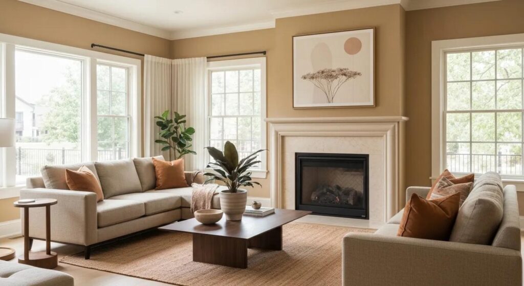 A stylish Rockford living room showcasing the latest 2025 paint color trends, featuring warm earth tones and calming neutrals