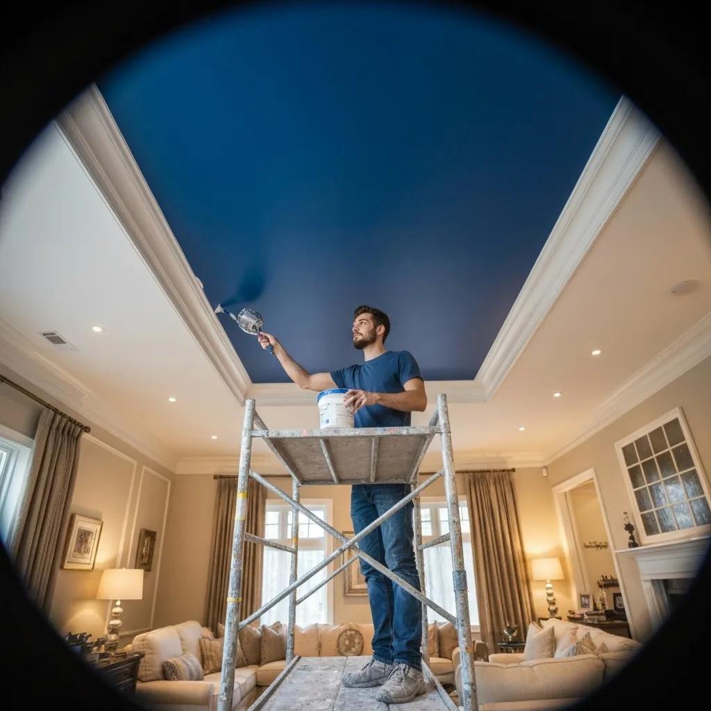 Professional painter on scaffold painting a high ceiling in a stylish living room
