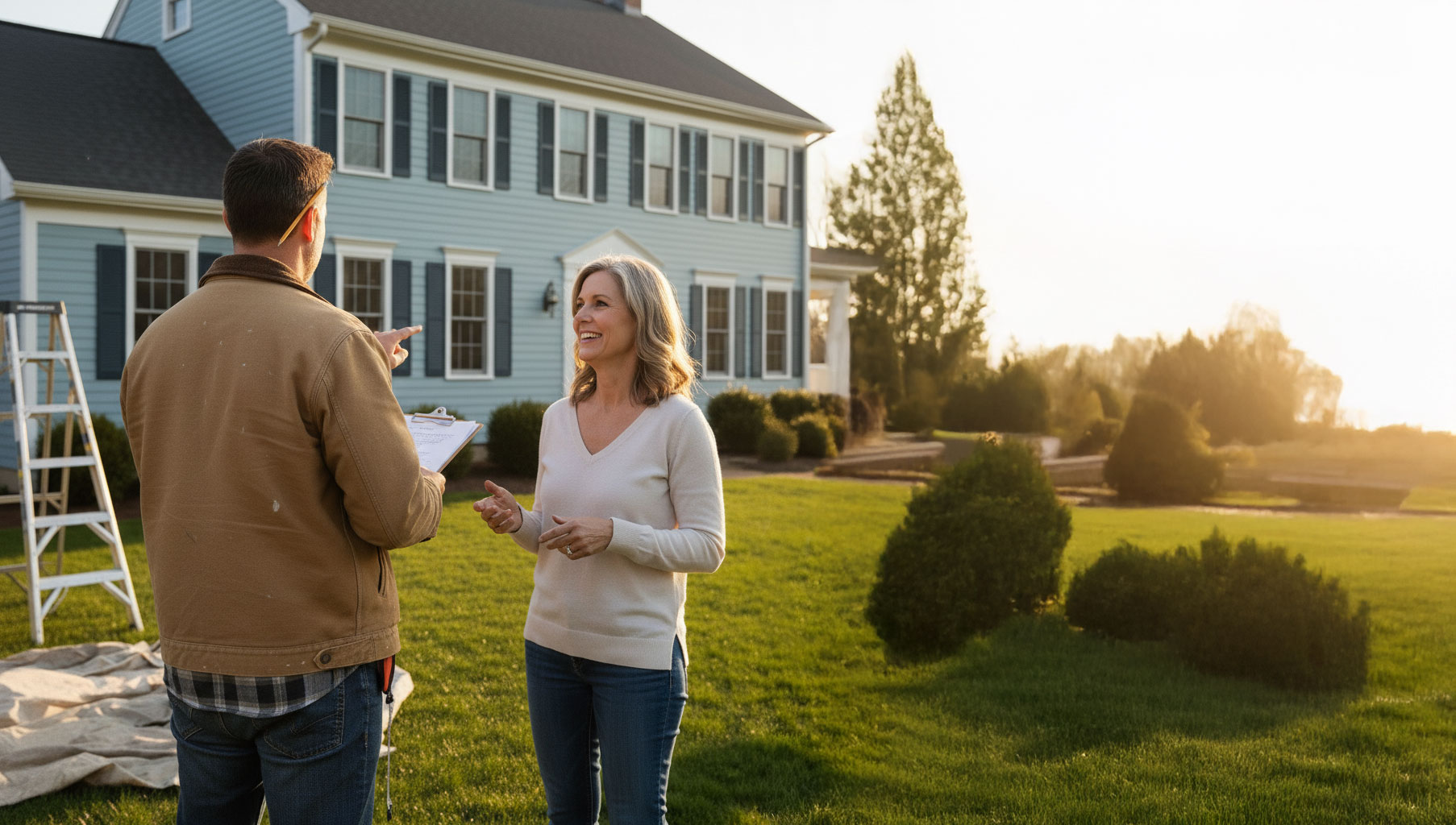 A painting contractor at a house starting their estimate. 