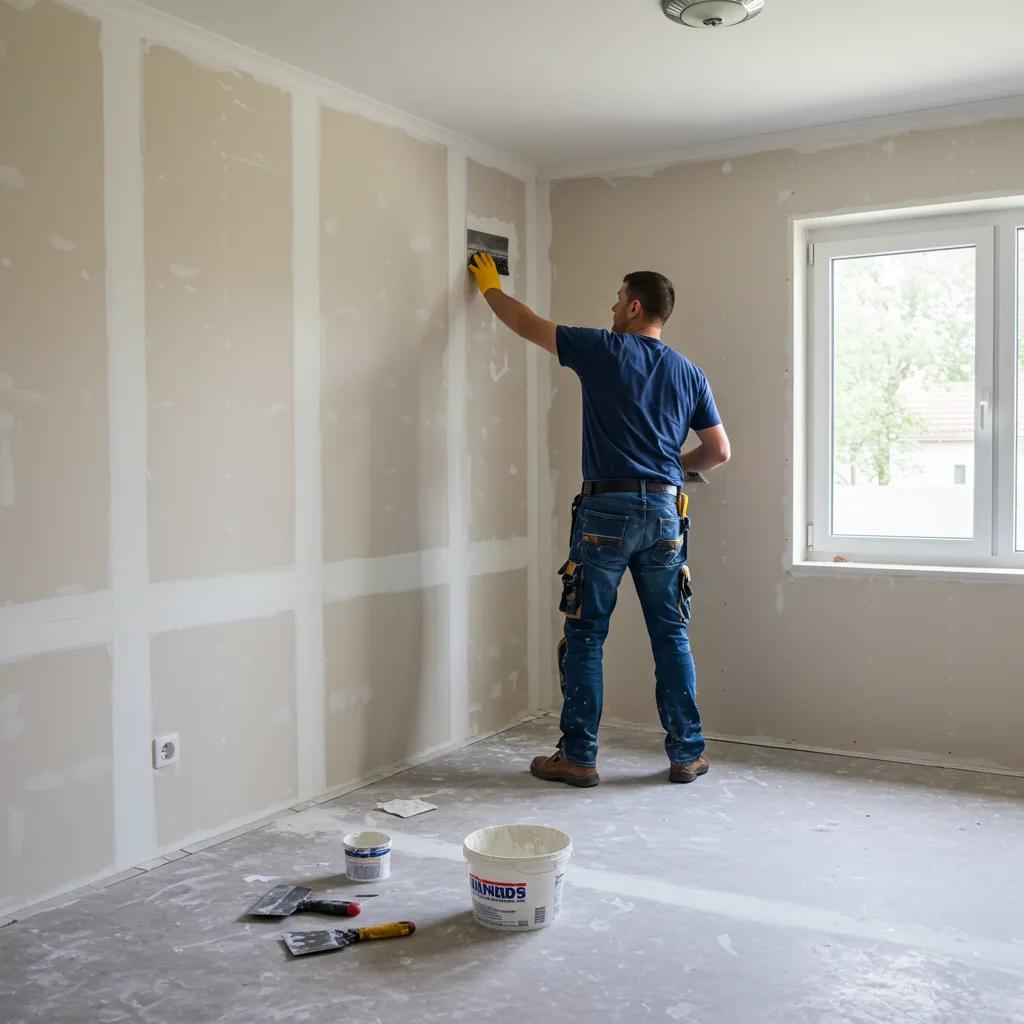 Professional drywall repair in a living room, highlighting the preparation process for interior painting
